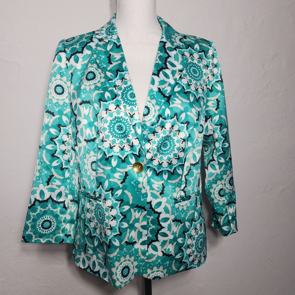 Madison Blazer Jacket Medium  Spandex Teal White Medallion Floral‎ Career